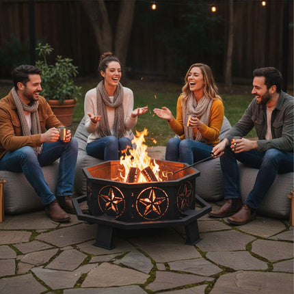 Octagonal Fire Bowl with Star Motif, Black
