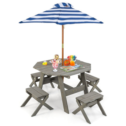 Octagonal Wooden Placemat with 4 Chairs &amp; Height-adjustable parasol picnic table grey