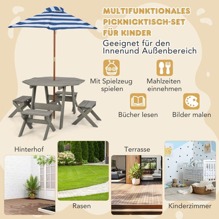 Octagonal Wooden Placemat with 4 Chairs &amp; Height-adjustable parasol picnic table grey
