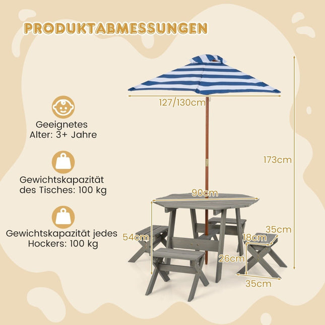Octagonal Wooden Placemat with 4 Chairs &amp; Height-adjustable parasol picnic table grey