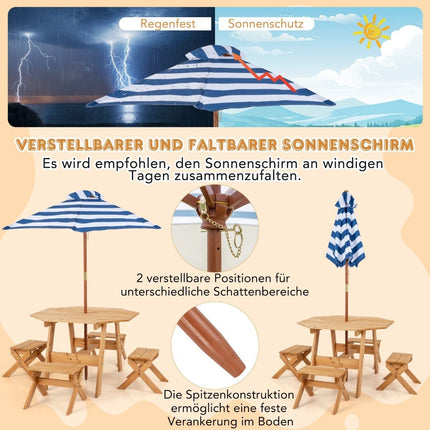 Octagonal Wooden Placemat with 4 Chairs &amp; Height-adjustable parasol picnic table natural