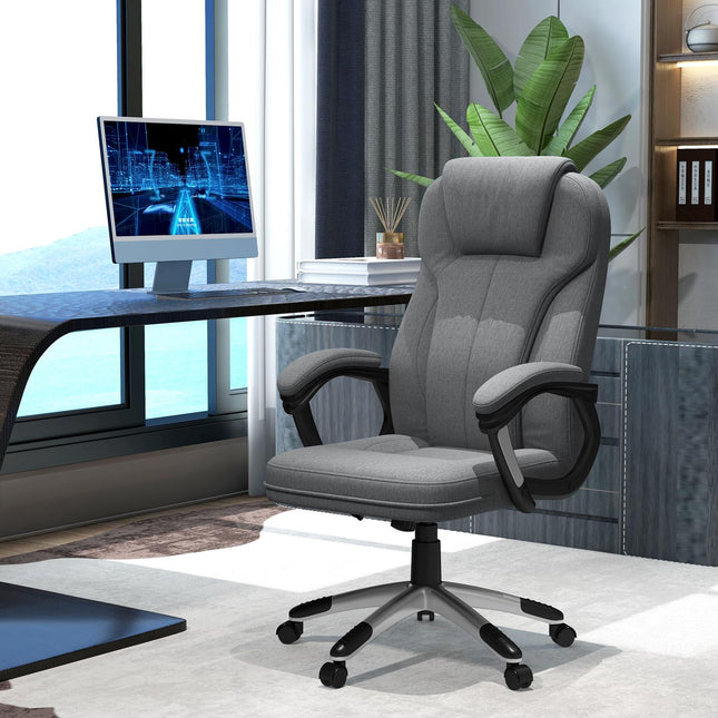 Ergonomická kancelářská židle – nastavitelná výška, šedý len, opěrka hlavy