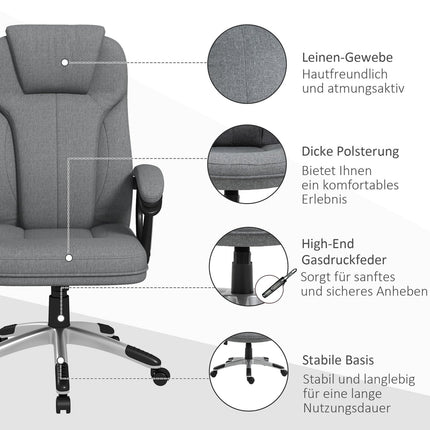 Ergonomická kancelářská židle – nastavitelná výška, šedý len, opěrka hlavy