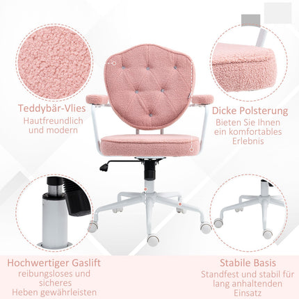 Ergonomická růžová kancelářská židle, Teddy Fleece, výškově nastavitelná