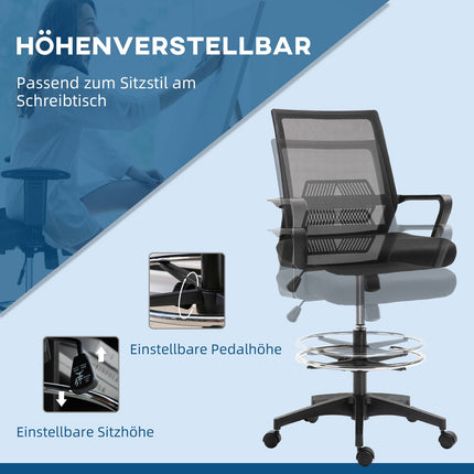 Bürostuhl, höhenverstellbarer Schreibtischstuhl mit Fußstütze, Netzrückenlehne, rollbar, Kunststoff, schwarz