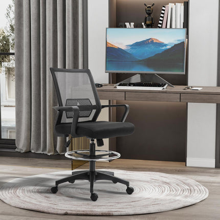 Bürostuhl, höhenverstellbarer Schreibtischstuhl mit Fußstütze, Netzrückenlehne, rollbar, Kunststoff, schwarz