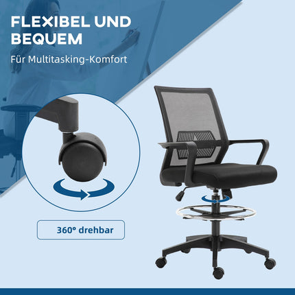 Bürostuhl, höhenverstellbarer Schreibtischstuhl mit Fußstütze, Netzrückenlehne, rollbar, Kunststoff, schwarz