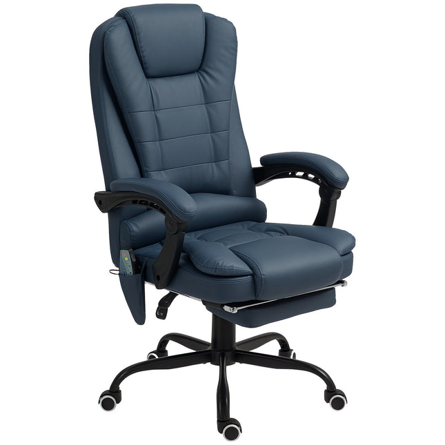 Bureaustoel met 7-puntsmassage, ergonomische bureaustoel met ligfunctie, in hoogte verstelbare directiestoel met afstandsbediening, draagvermogen 120 kg, voor studeerkamer, kantoor, blauw