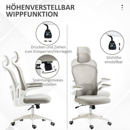 Ergonomická kancelářská židle, nastavitelná opěrka hlavy, šedá