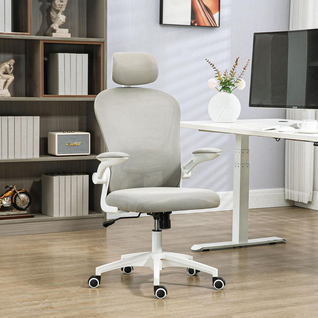 Ergonomická kancelářská židle, nastavitelná opěrka hlavy, šedá