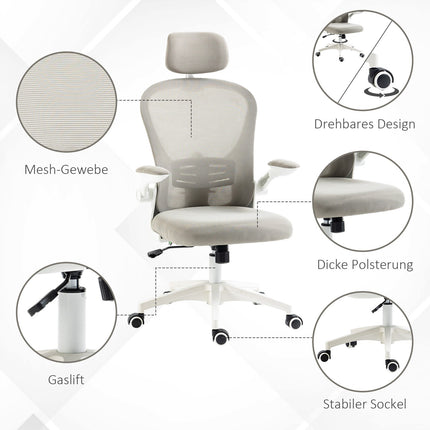 Ergonomická kancelářská židle, nastavitelná opěrka hlavy, šedá