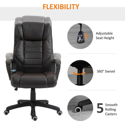 Kancelářská židle s masážní funkcí, výškově nastavitelná ředitelská židle, ergonomická otočná židle, 6 vibračních bodů, hnědá