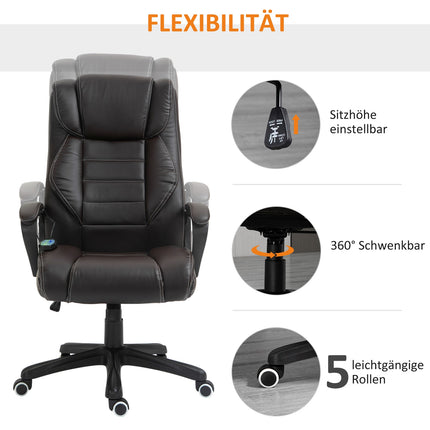 Kancelářská židle s masážní funkcí, výškově nastavitelná ředitelská židle, ergonomická otočná židle, 6 vibračních bodů, hnědá
