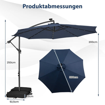 Boční slunečník 300 cm, solární LED, UV ochrana