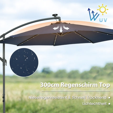 Boční slunečník 300 cm, solární LED, UV ochrana