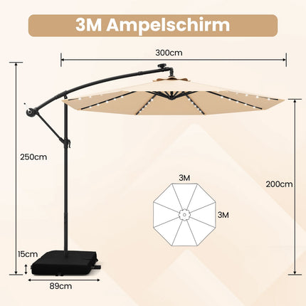 Boční slunečník 300 cm se solárními LED světly, béžová