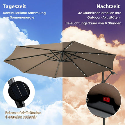 Boční slunečník, 3 m, solární LED, UV ochrana, hnědá