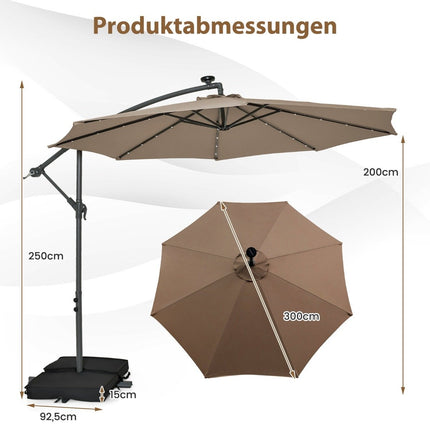 Boční slunečník, 3 m, solární LED, UV ochrana, hnědá