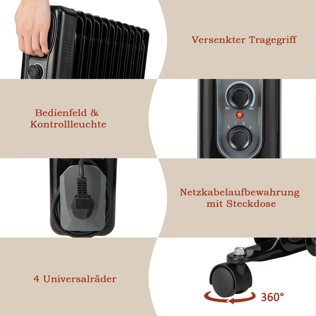 Ölradiator 2500W, 3 Heizstufen, Schwarz
