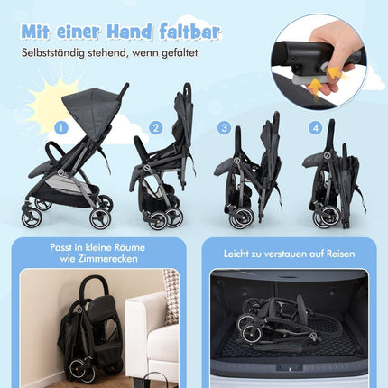 One-handed folding stroller with adjustable backrest and canopy, travel buggy, grey
