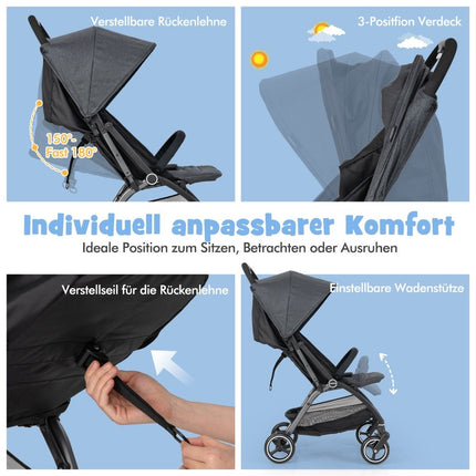One-handed folding stroller with adjustable backrest and canopy, travel buggy, grey