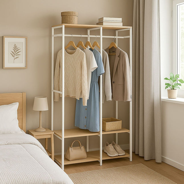 Open kledingkast met rails en planken - ijzeren frame, houten panelen