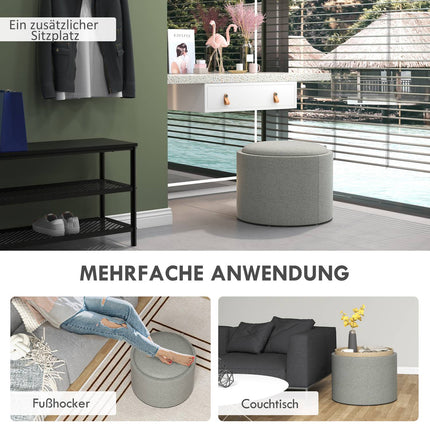 Round ottoman stool with storage, gray linen - Ø56 x 42 cm