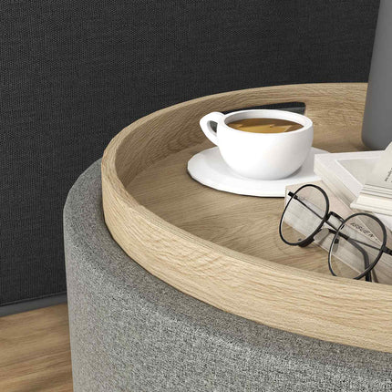 Round ottoman stool with storage, gray linen - Ø56 x 42 cm