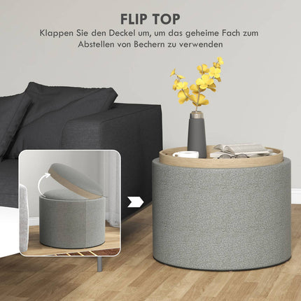Round ottoman stool with storage, gray linen - Ø56 x 42 cm