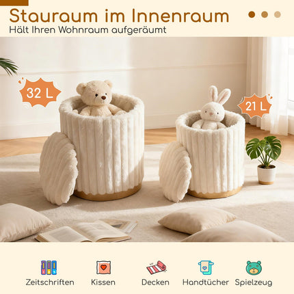 Sada taburetů s úložným prostorem, umělá kožešina, béžová, 2 ks