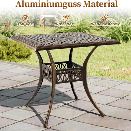 Outdoor Aluminum Patio Table with Umbrella Hole, 80x80 cm