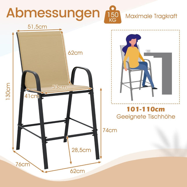 Set barkrukken voor buiten, hoge rugleuning en armleuningen, draagvermogen 150 kg