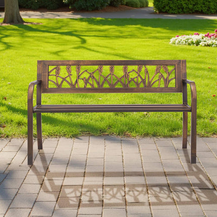 Outdoor Bench 50 In, Carbon Steel, Floral Back, Bronze