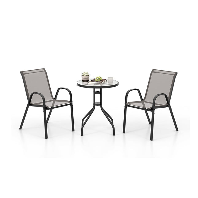 Venkovní bistro set – 2 stohovatelné židle, kulatý stůl, šedý