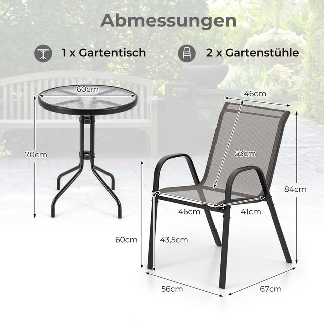 Venkovní bistro set – 2 stohovatelné židle, kulatý stůl, šedý