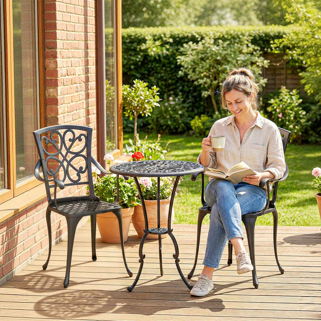 Venkovní bistro set, litý hliník, stůl a 2 židle, černý