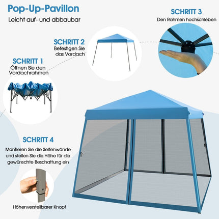 Venkovní párty stan, 3x3m, modrý, síťové boční stěny, UV ochrana