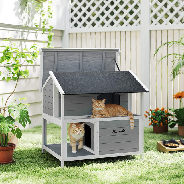 Outdoor Katzenhaus, wasserdichtes Tannenholz, 2 Ebenen, 80x93x95 cm