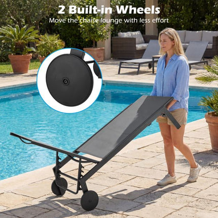 Outdoor Chaise Lounge Chairs, Set of 2, Wheels, Gray