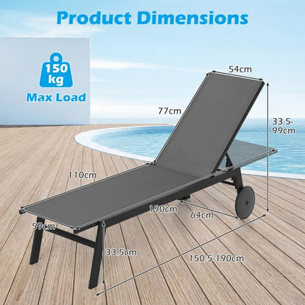 Outdoor Chaise Lounge Chairs, Set of 2, Wheels, Gray
