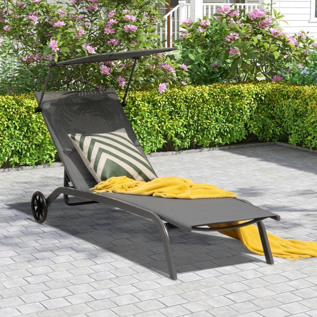 Outdoor Chaise Lounge With Canopy, Wheels, Metal Frame