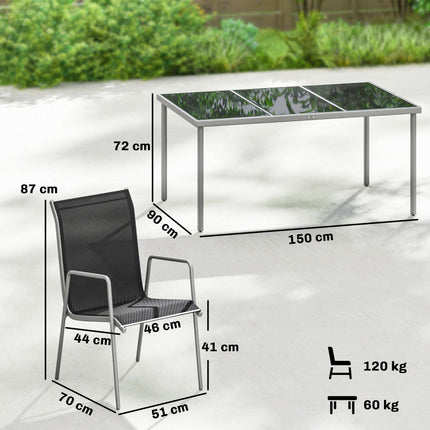 Venkovní jídelní set, 7dílný, skleněný stůl a stohovatelné židle
