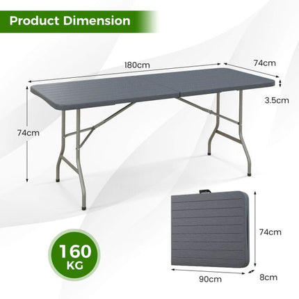 Outdoor Folding Table 180 x 74 cm, HDPE Top, Metal Legs