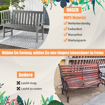 Venkovní zahradní lavice, HDPE, 132 cm, odolná vůči počasí, šedá
