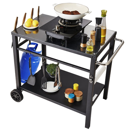 Outdoor Grill Cart, Double Shelf, Iron Top, Wheels