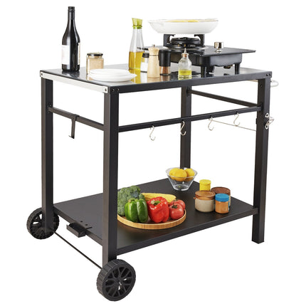 Outdoor Grill Cart, Double Shelf, Iron Top, Wheels