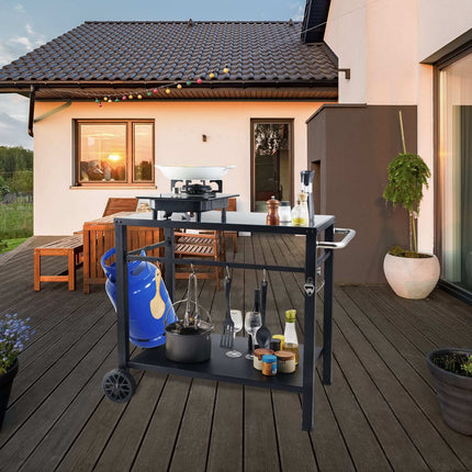 Outdoor Grill Cart, Double Shelf, Iron Top, Wheels
