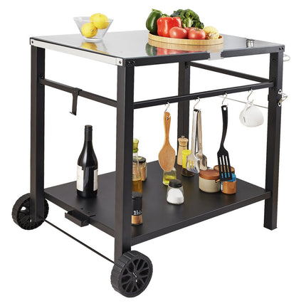 Outdoor Grill Cart, Double Shelf, Iron Top, Wheels