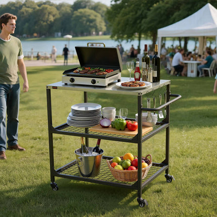 Outdoor Grill Cart, Stainless Top, 2 Mesh Shelves, Wheels