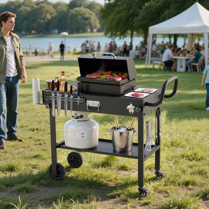 Outdoor Grill Cart Table, Foldable, Wheels, 31 x 17 In